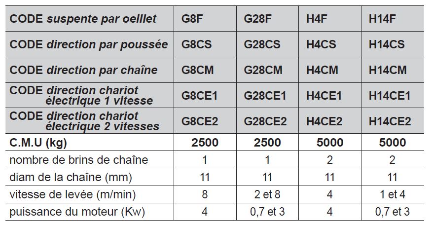 Palan électrique à chaîne "Forte charges" suspente PAR OEILLET