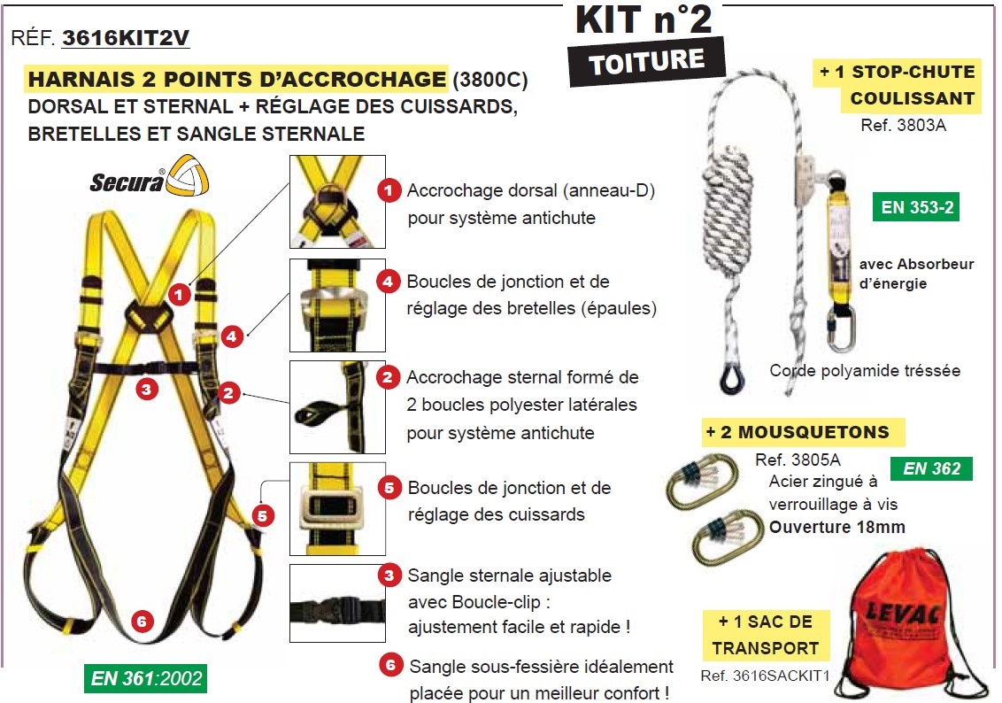 Harnais sécurité confort 3 points d'accrochage suspension Levac 3800G