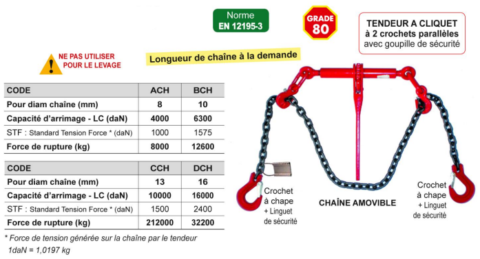 Tendeur d'arrimage a cliquet chaîne d10 mm rupt. 12600 k