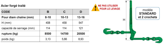 Tendeur d'arrimage 10T 720/860mm+crochets chaine 13mm